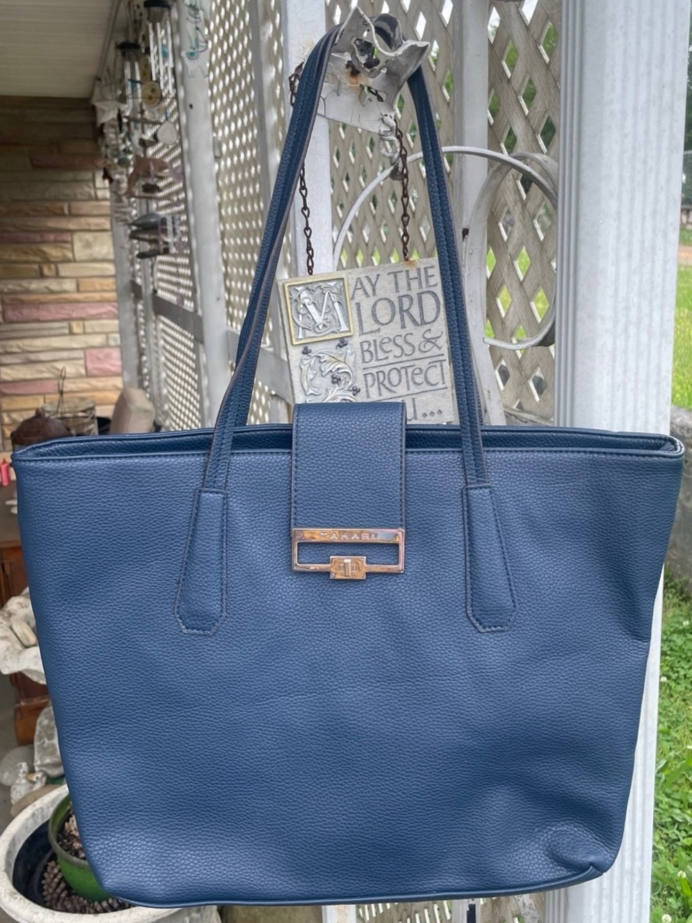 Tahari Navy Leather Tote Handbag